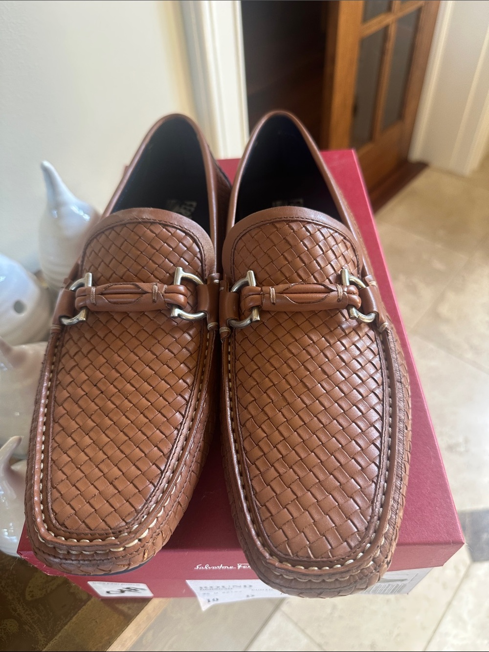 Salvatore Ferragamo Men’s NWT Sz 10D tan Brown woven Driver/ loafer Gancini NWT - Picture 2 of 9